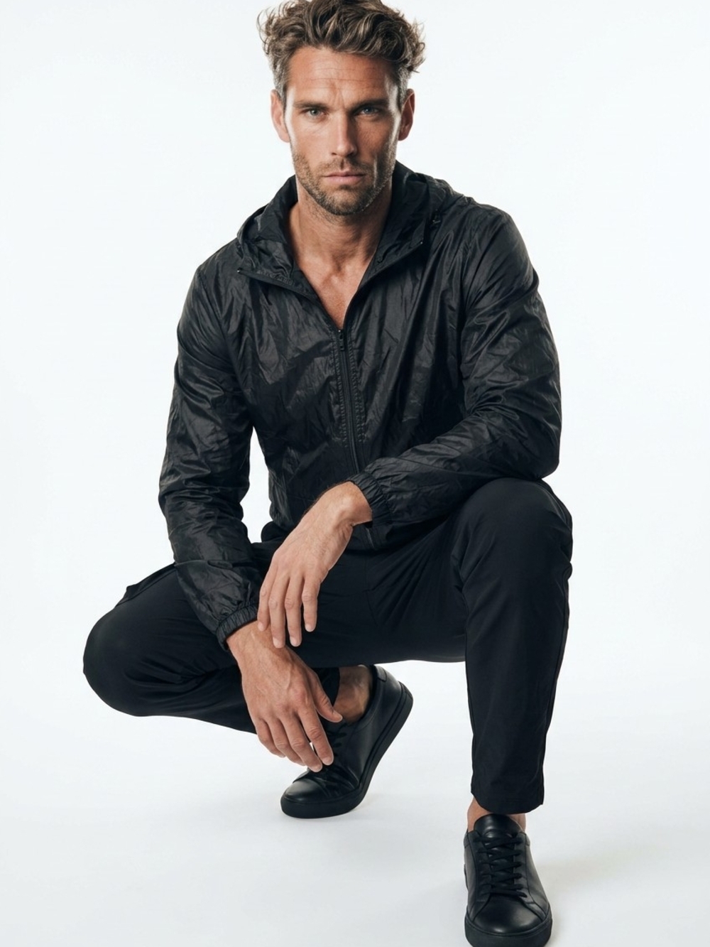 Men's Black Hooded Lightweight Windbreaker Jacket
